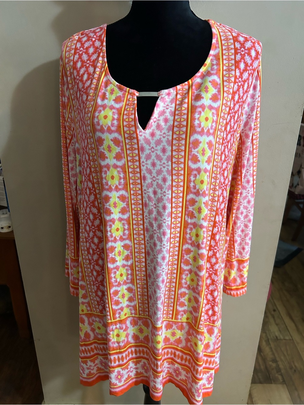 Ruby Road Women's Pink & Yellow Patterned Tunic Top